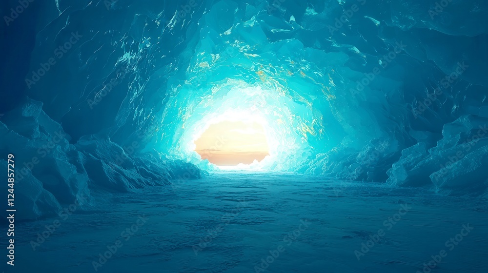 Fototapeta premium Sapphire Glacial Passage, an enchanting ice-encased corridor in a frozen realm, showcasing striking blue hues, minimalist design, and an expansive serene atmosphere.