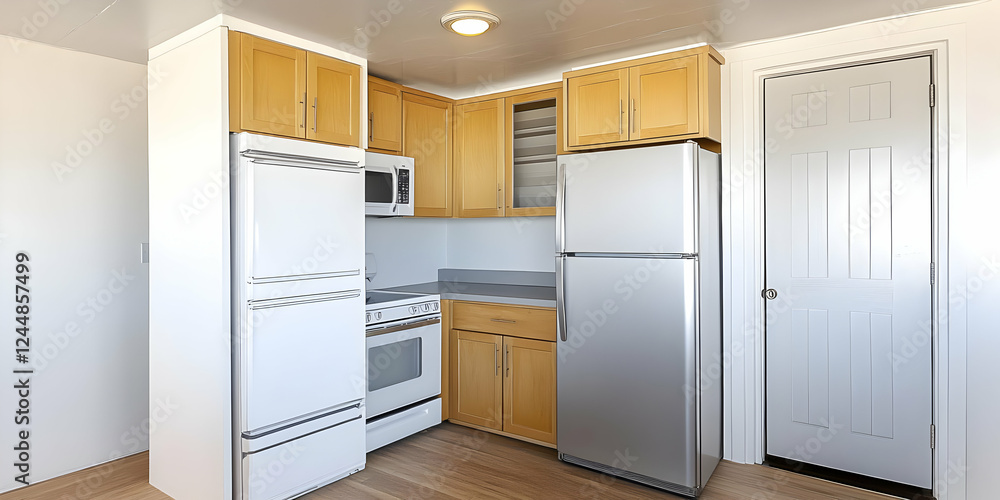 Fototapeta premium Compact Kitchen Features Wood Cabinets, White Appliances, and Laminate Flooring Efficiently Arranged