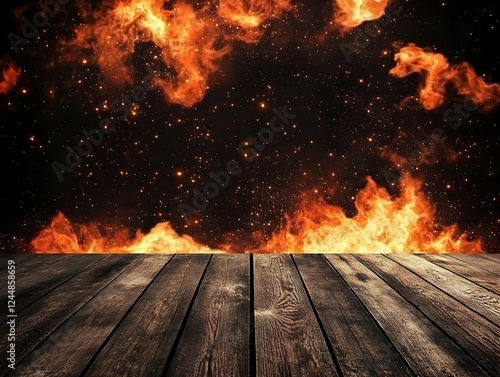 Empty Wooden Table Top with Fiery Cosmic Background for Product Placement and Display photo