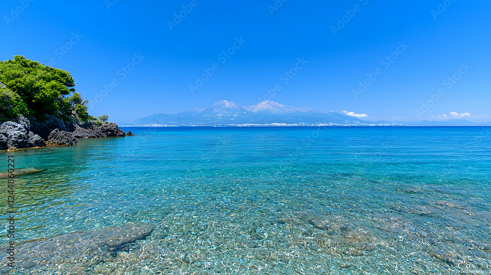 Fototapeta premium Clear turquoise sea, coastal view, mountain backdrop, summer holiday