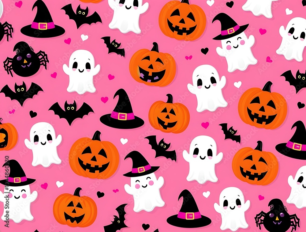 Cute Halloween seamless pattern with smiling ghosts, jack-o'-lanterns, bats, spiders, and witch hats on a pink background, perfect for festive decorations, textiles, and wallpapers
Cute Halloween seamless pattern with smiling ghosts, jack-o'-lanterns, bats, spiders, and witch hats on a pink background, perfect for festive decorations, textiles, and wallpapers