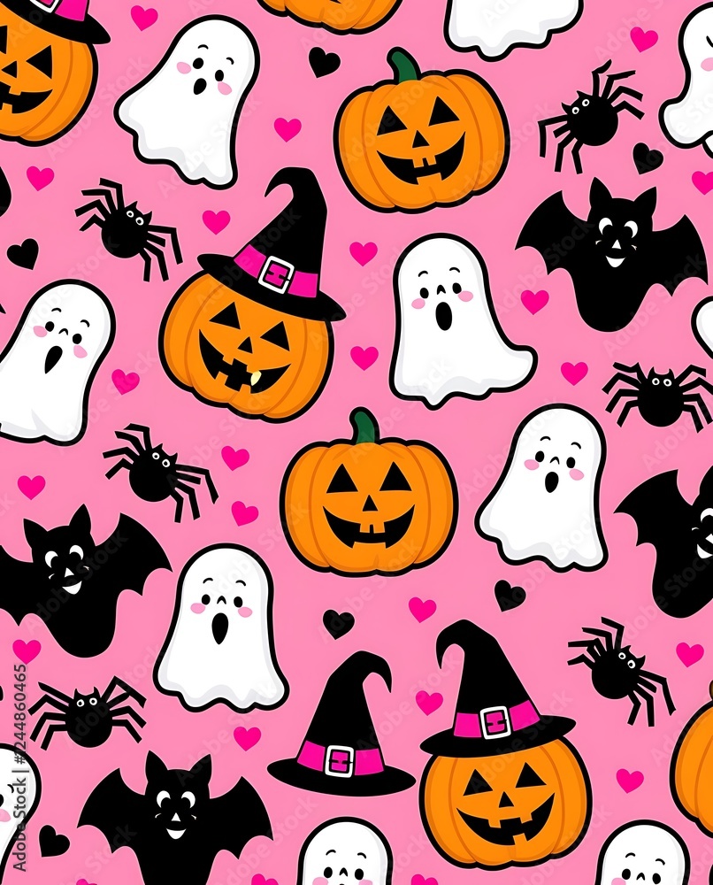 Cute Halloween seamless pattern with smiling ghosts, jack-o'-lanterns, bats, spiders, and witch hats on a pink background, perfect for festive decorations, textiles, and wallpapers
Cute Halloween seamless pattern with smiling ghosts, jack-o'-lanterns, bats, spiders, and witch hats on a pink background, perfect for festive decorations, textiles, and wallpapers