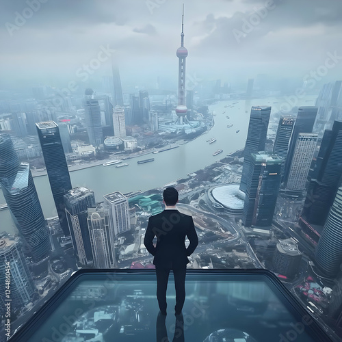 Businessman stands on a gla...