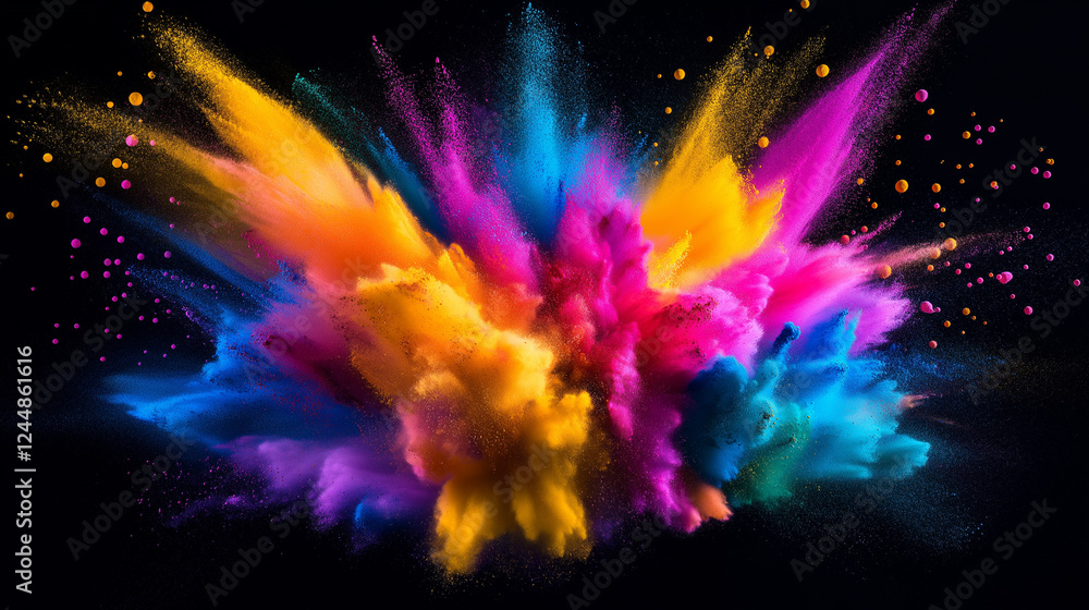 Explosion of vibrant Holi powder in mid-air, featuring bright colors including blue, pink, yellow, and purple, symbolizing the energetic spirit of the festival. Explosion of vibrant Holi powder in mid-air, featuring bright colors including blue, pink, yellow, and purple, symbolizing the energetic spirit of the festival.