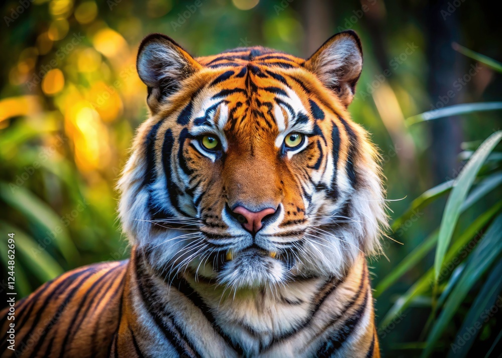 Fototapeta premium A majestic Bengal tiger, captured in stunning close-up, showcasing its power and grace within its Indian jungle habitat.
