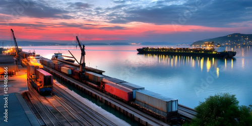 Cargo Ship Sails at Dawn in...