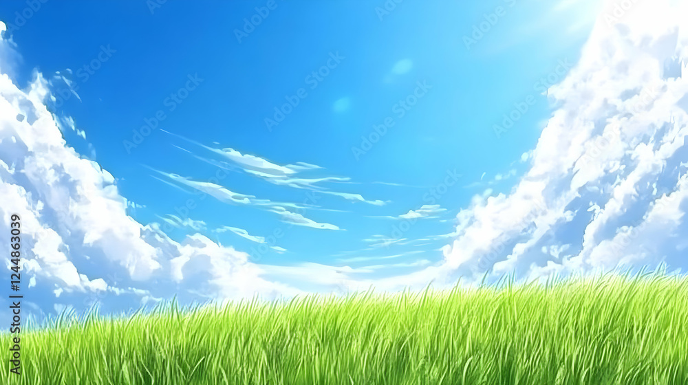 Lush Green Grass Field Stretches Beneath a Vibrant Blue Sky Dotted with Fluffy White Clouds on Sunny Day Lush Green Grass Field Stretches Beneath a Vibrant Blue Sky Dotted with Fluffy White Clouds on Sunny Day