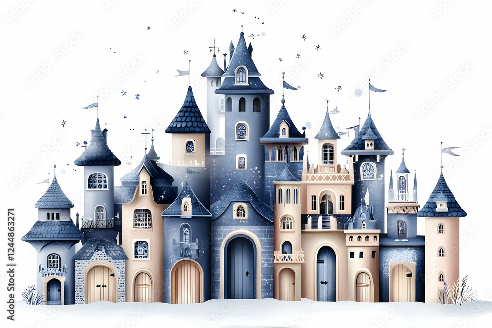 Whimsical Blue and Beige Castle Stands Majestically in Snow-Covered Landscape Whimsical Blue and Beige Castle Stands Majestically in Snow-Covered Landscape