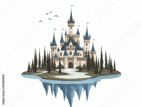 Whimsical Castle Perched on a Floating Island with Majestic Towers and Lush Pine Forests. photo