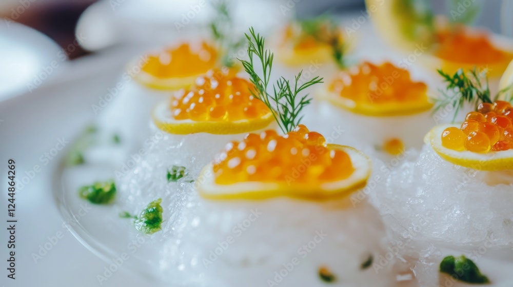 An artistic representation of salmon roe served on a bed of ice, garnished with lemon slices and fresh herbs, highlighting the luxurious side of seafood cuisine An artistic representation of salmon roe served on a bed of ice, garnished with lemon slices and fresh herbs, highlighting the luxurious side of seafood cuisine