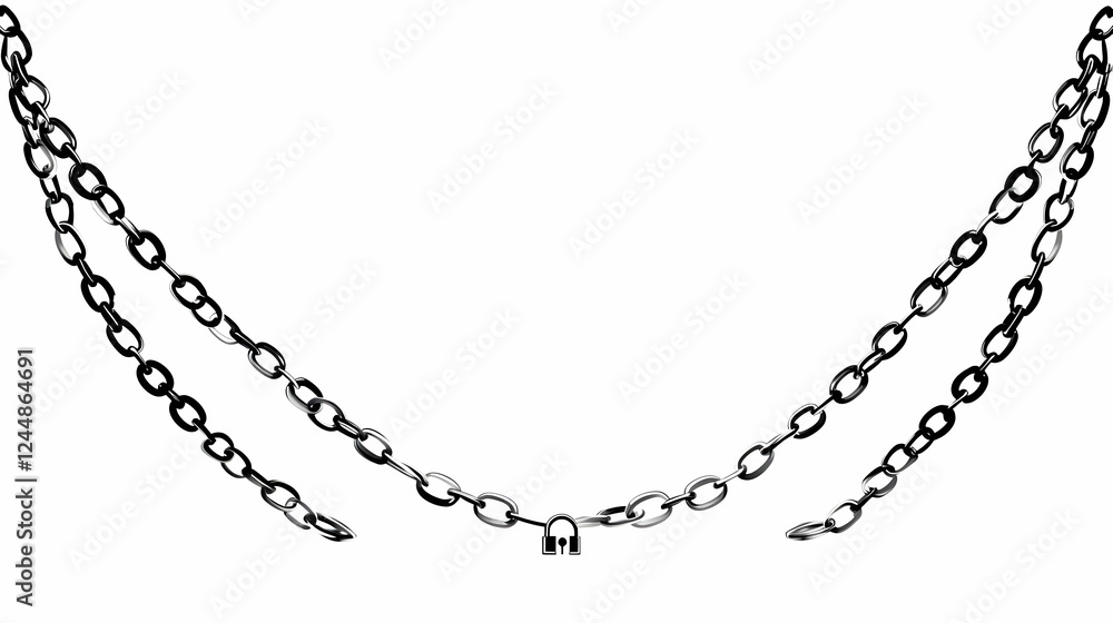 Two Metal Chains Connected by a Padlock Hang Loosely Against a White Backdrop Two Metal Chains Connected by a Padlock Hang Loosely Against a White Backdrop