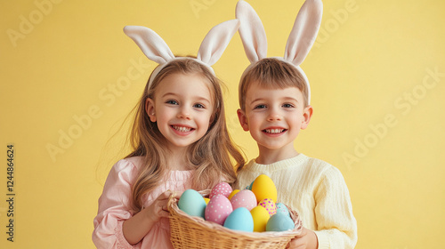Happy Easter celebration joyful children dressed in white bunny ears holding colorful pastel eggs warm soft lighting