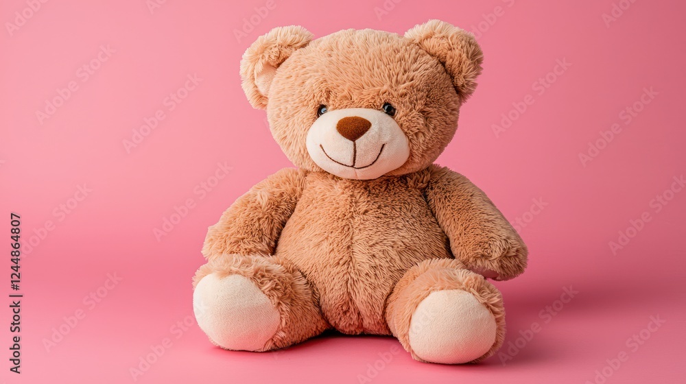A cute, plush teddy bear sitting against a pink background, ideal for comfort and companionship. A cute, plush teddy bear sitting against a pink background, ideal for comfort and companionship.