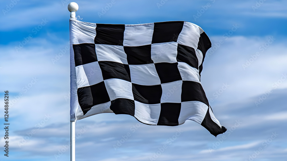 Naklejka premium Checkered flag waves in the wind against a bright blue sky with fluffy white clouds