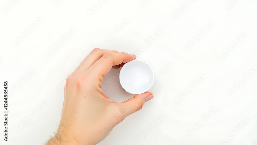 A hand holds a small white container - potential emptiness - suitable for health, product, or minimalist theme A hand holds a small white container - potential emptiness - suitable for health, product, or minimalist theme