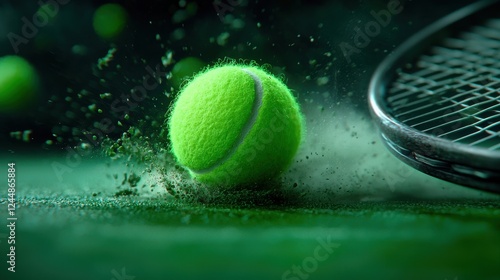 Dramatic mid air collision of a tennis ball and racket captured in an action packed sports photography shot photo