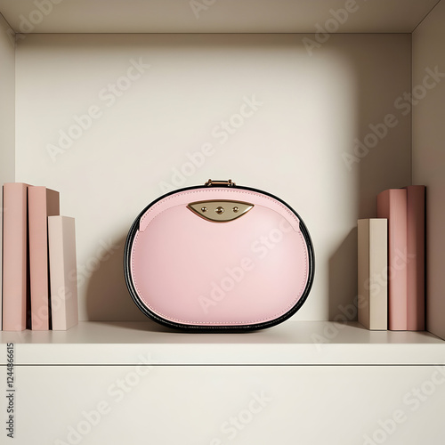 Pink circular handbag sits ...