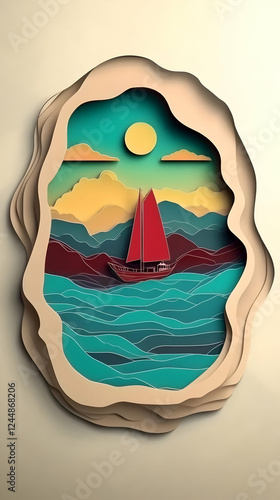 Paper Cutout Sailboat on Oc...