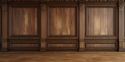 Classic premium luxury wood paneling wall background or texture. Highly crafted traditional wood paneling wall and floor, with a frame and column pattern, Extra wide format. Hand edited generative AI.