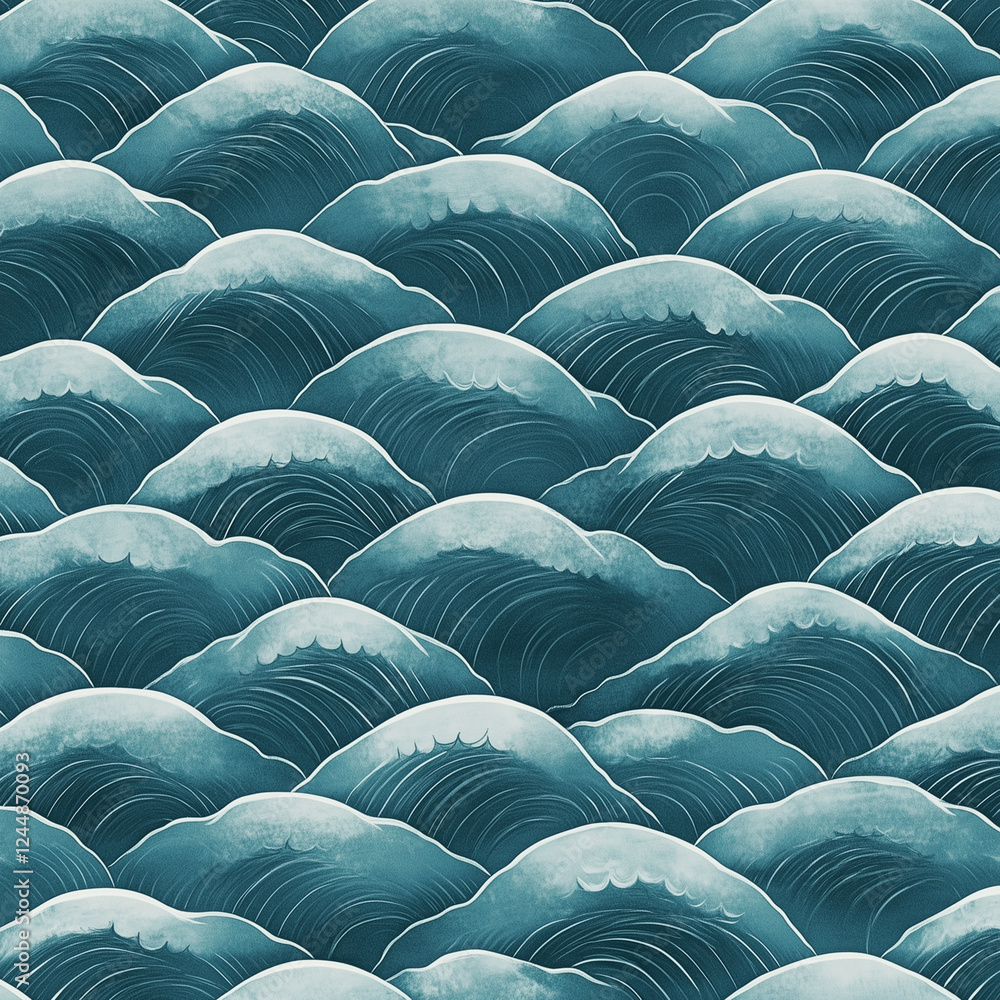 Obraz premium A traditional Japanese Seigaiha wave pattern in varying shades of deep teal, creating a sophisticated and calming monochrome effec