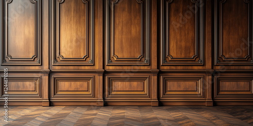 Classic premium luxury wood paneling wall background or texture. Highly crafted traditional wood paneling wall and floor, with a frame and column pattern, Extra wide format. Hand edited generative AI. photo