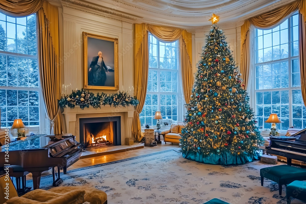 Obraz premium Elegant Christmas Living Room Decorated with Christmas Tree Beautifully and Warmly with Piano Instruments