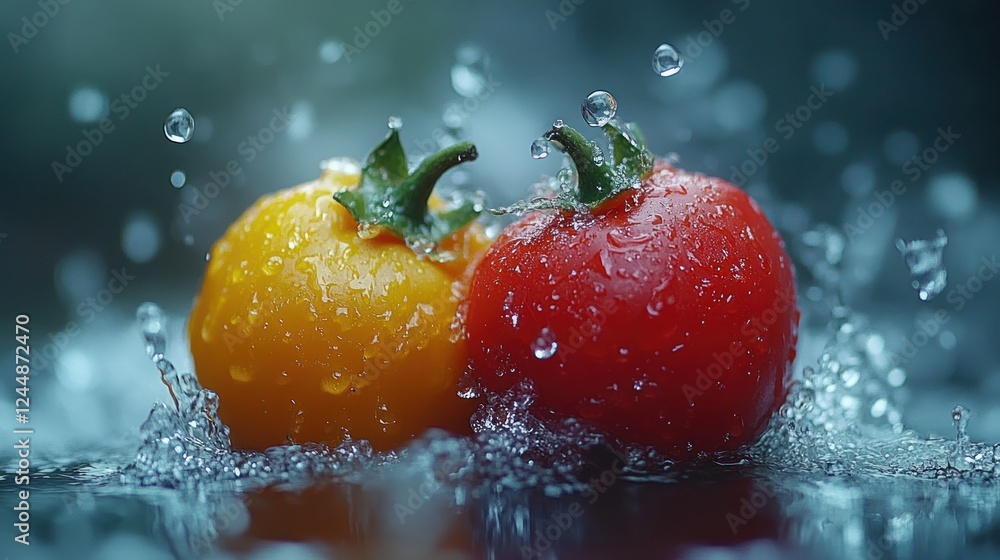 Wet cherry tomatoes splashing, dark background, food Wet cherry tomatoes splashing, dark background, food