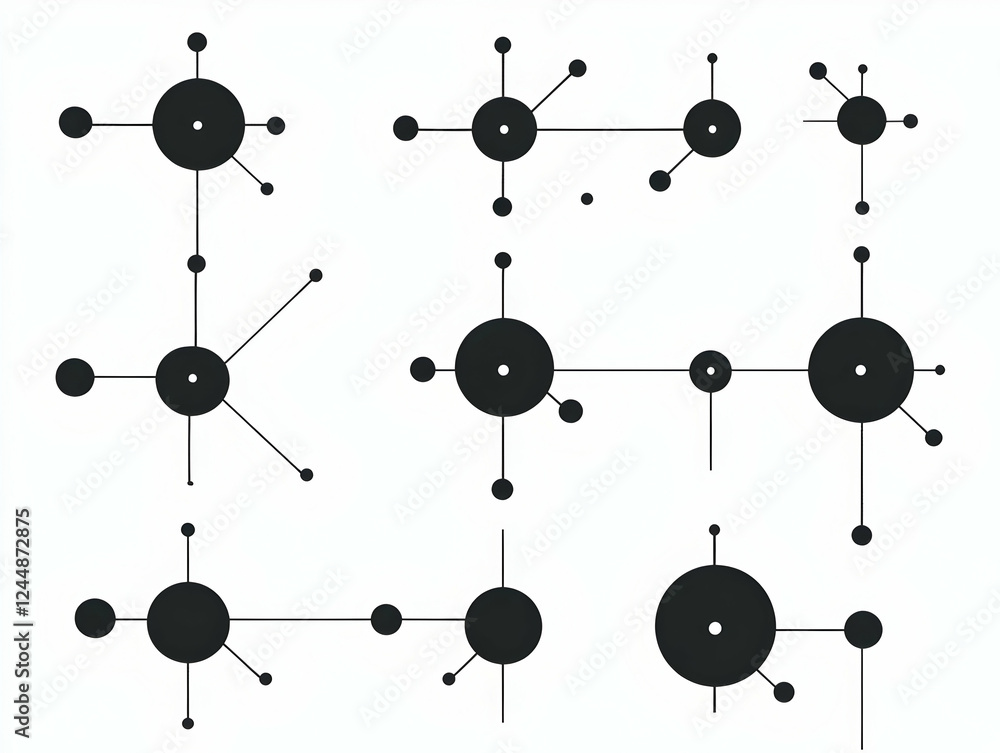 Nine Abstract Designs with Circles and Lines on a White Background