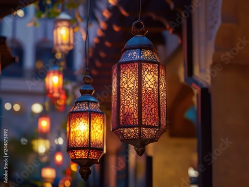 Elegant decorative Arabic lanterns illuminate a festive evening atmosphere photo