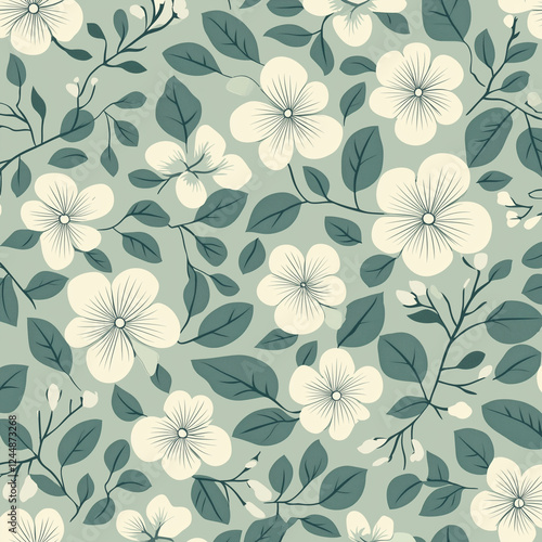 Wallpaper Mural A seamless floral pattern with leaves and flowers in a muted sage green, harmonizing with a slightly lighter green background for a soft, organic feel. Torontodigital.ca