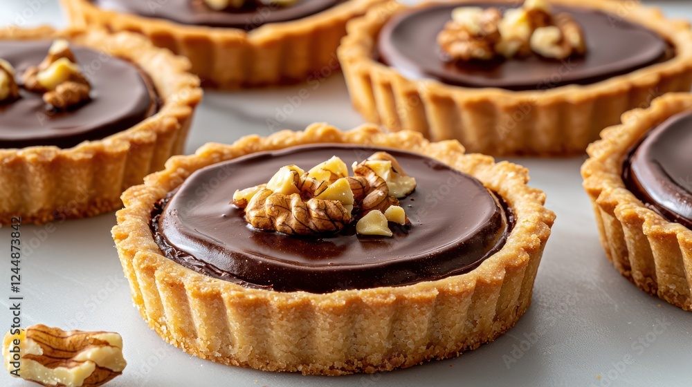A close-up of chocolate tartlets topped with walnuts, showcasing a delicious dessert display. A close-up of chocolate tartlets topped with walnuts, showcasing a delicious dessert display.