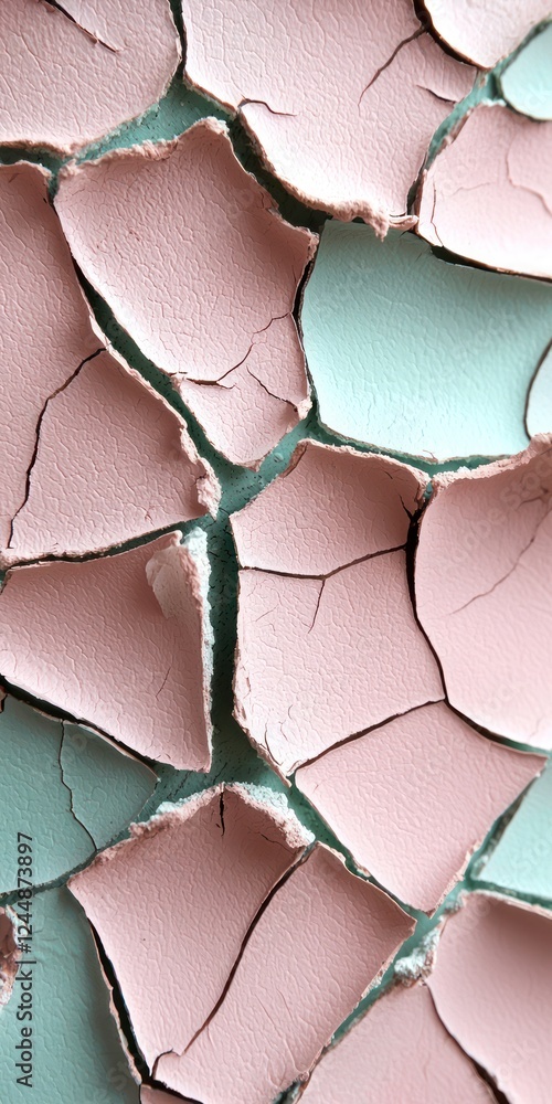 A close-up of cracked paint in soft pink and mint green hues, showcasing texture and color contrast. A close-up of cracked paint in soft pink and mint green hues, showcasing texture and color contrast.