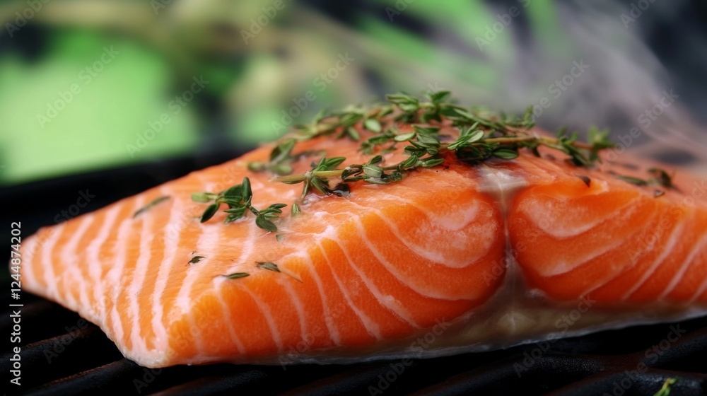 A close-up of a salmon fillet cooking on a grill, with grill marks and herbs, showcasing the process of preparing this popular seafood dish outdoors A close-up of a salmon fillet cooking on a grill, with grill marks and herbs, showcasing the process of preparing this popular seafood dish outdoors
