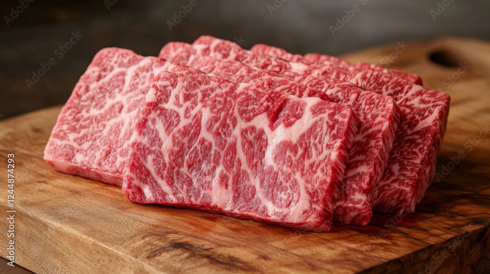 A close-up of a selection of fresh cuts of beef arranged on a wooden cutting board, showcasing the marbling and vibrant red color of the meat against a rustic backdrop A close-up of a selection of fresh cuts of beef arranged on a wooden cutting board, showcasing the marbling and vibrant red color of the meat against a rustic backdrop