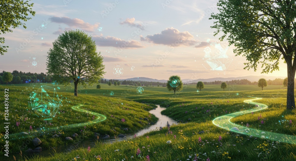 Digital nature fusion: augmented reality in serene landscape with lush green fields and stream Digital nature fusion: augmented reality in serene landscape with lush green fields and stream