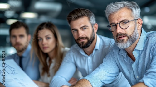 Diverse group of professionals including both men and women having a collaborative business meeting in a modern office setting  They are working together brainstorming ideas discussing strategy