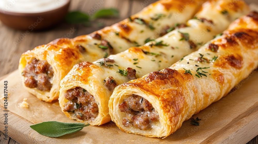 Savory meat and cheese pastries on wooden board Savory meat and cheese pastries on wooden board