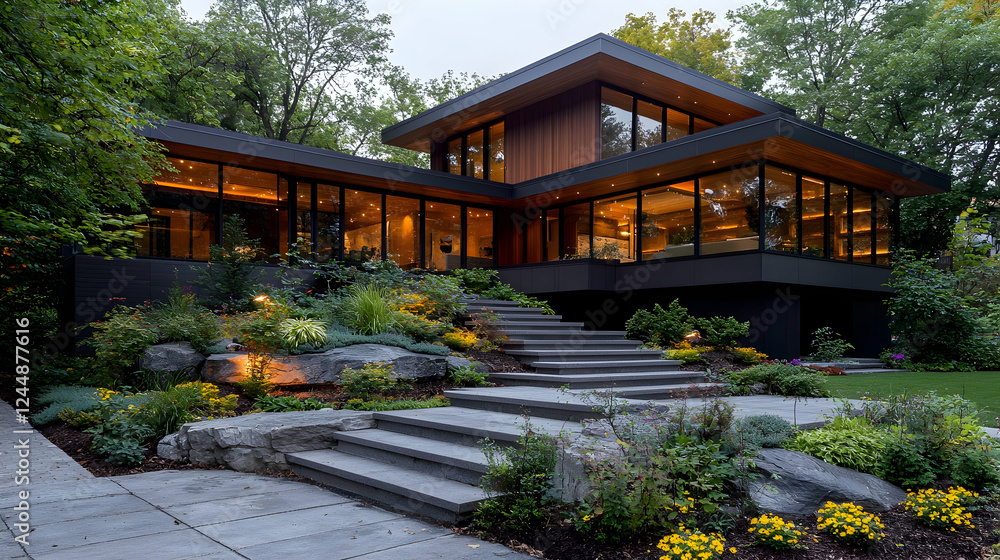 Naklejka premium Modern house, evening light, landscaped yard, suburban setting, real estate