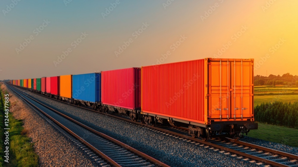 Fototapeta premium Colorful freight train carrying cargo containers passing through a scenic rural landscape with fields sky and warm sunset colors Representing the transportation and logistics industry