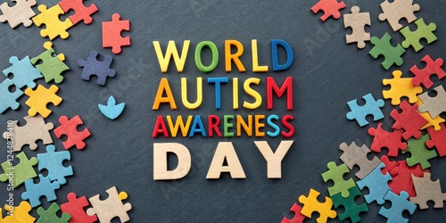 World autism awareness day with colorful puzzle pieces on dark background photo