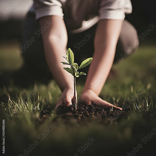 Child Carefully Plants a Sm...