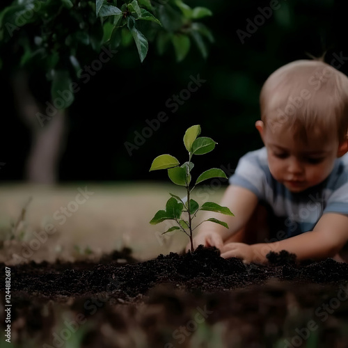 Child Carefully Plants a Sm...