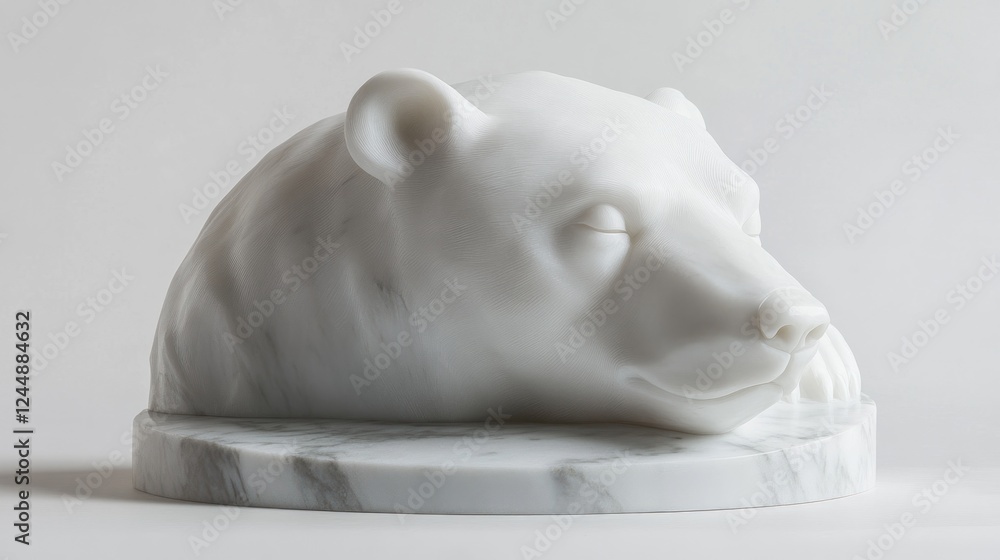 Obraz premium White marble sculpture of a sleeping polar bear resting on a marble base.