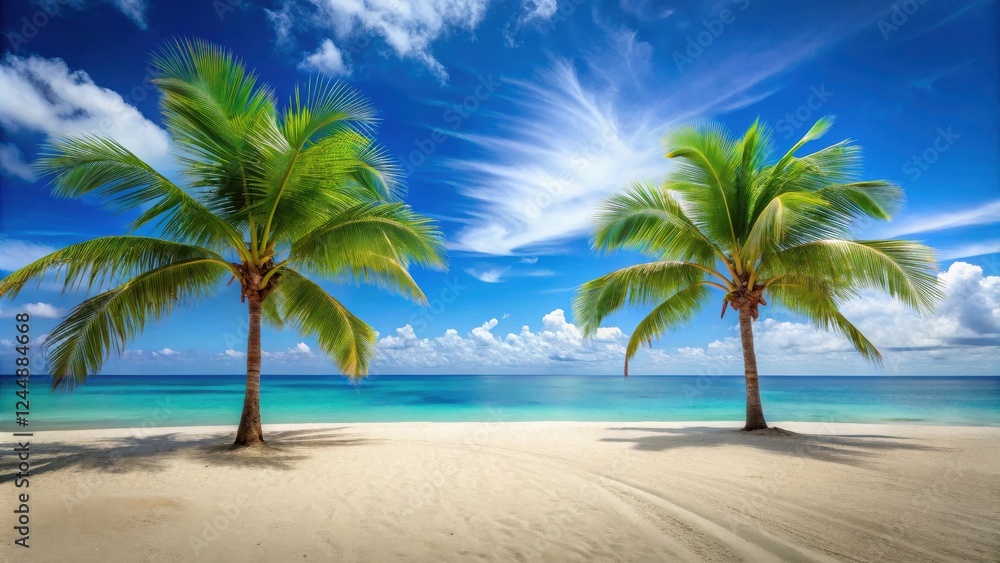 Idyllic tropical beach scene with two majestic palm trees swaying gently in the breeze, under a vibrant blue sky dotted with fluffy white clouds, and a tranquil turquoise ocean