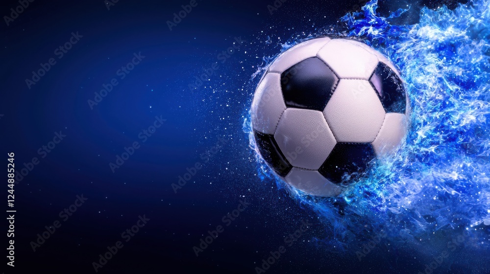 Fototapeta premium Dynamic closeup of a glowing soccer ball mid flight surrounded by a powerful blue energy field and dramatic atmosphere This digital captures the intense speed motion