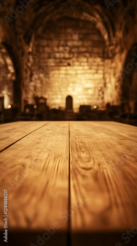 Empty Wooden Table in a Blu...