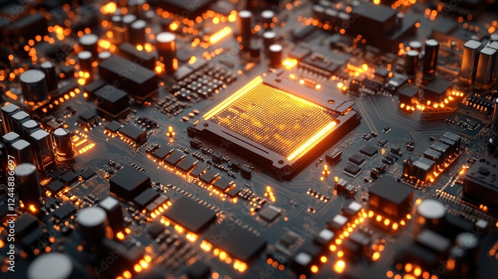 Close-up view of a glowing microchip on a circuit board surrounded by electronic components Close-up view of a glowing microchip on a circuit board surrounded by electronic components