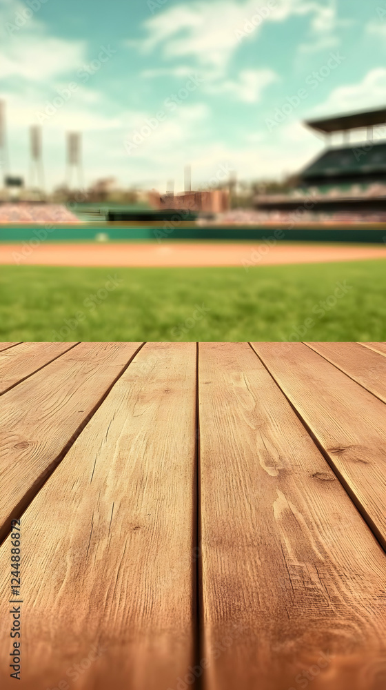 Obraz premium Empty wooden table top with blurred baseball field background perfectly showcasing products effectively.