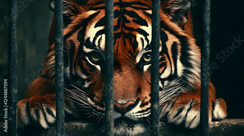 Captive Tiger Rests Behind ...