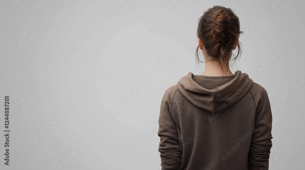 Rear view of a young woman with brown hair in a bun, wearing a brown hoodie against a light grey background. Rear view of a young woman with brown hair in a bun, wearing a brown hoodie against a light grey background.